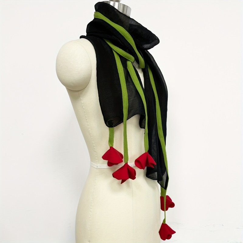 Black Yarn Simulated Rose Scarf Elegant Vintage Thin Breathable Shawl Spring Autumn Casual Sunscreen Bandana