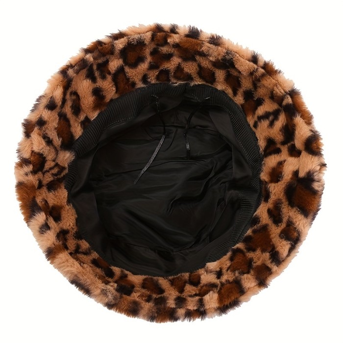 Leopard Print Winter Fuzzy Bucket Hat, Women's Casual Fisherman Hat, Windproof Plush Thermal Fashionable Fisherman Hat