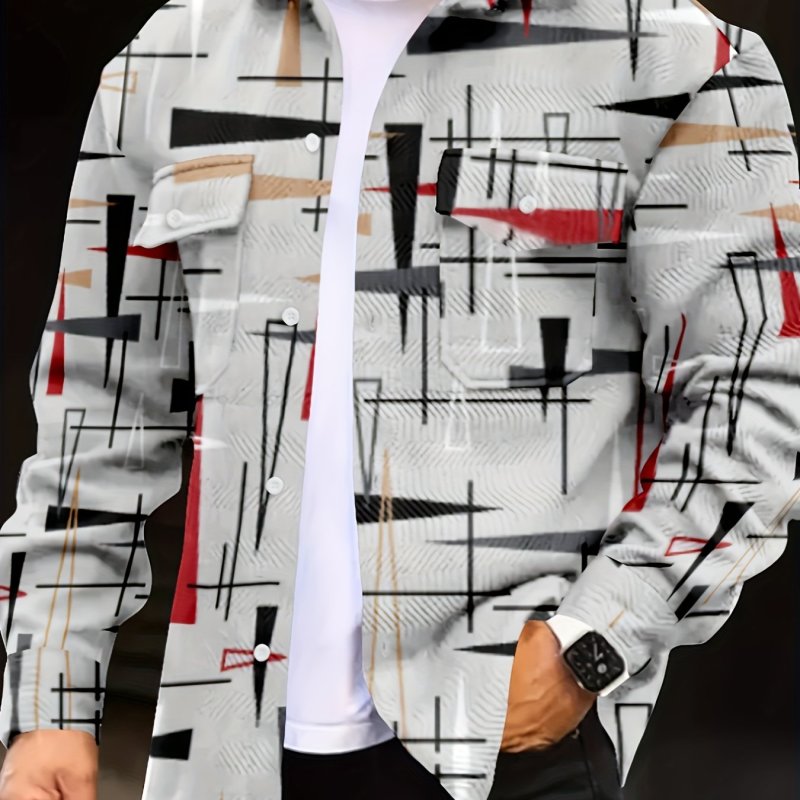 Abstract Geometric Print Men's Stylish Long Sleeve Button Down Shirt Jacket With Pocket Design, Male Fall Winter Corduroy Outwear