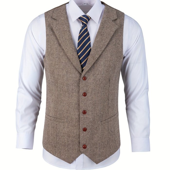 Herringbone Pattern Elegant Dress Waistcoat, Men's Retro Single Breasted Smart Suit Vest For Dinner Wedding Banquet