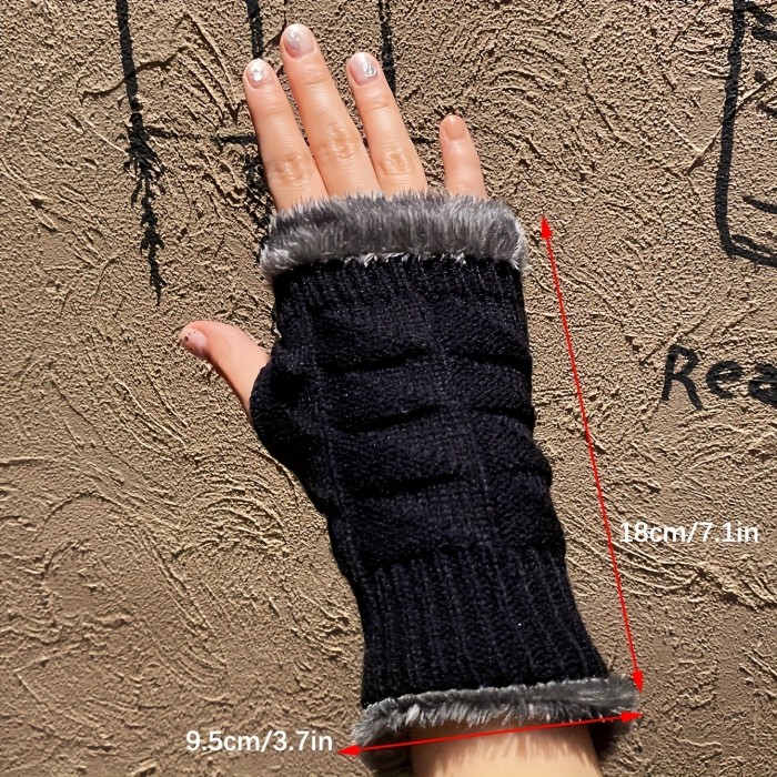 1 Pair Of Plush Knit Fingerless Gloves, Faux Fur Solid Half-finger Winter Warm Knitted Gloves For Women