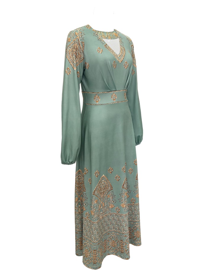 Ethnic Graphic Print Dress, Elegant V Neck Long Sleeve Dress, Women's Clothing