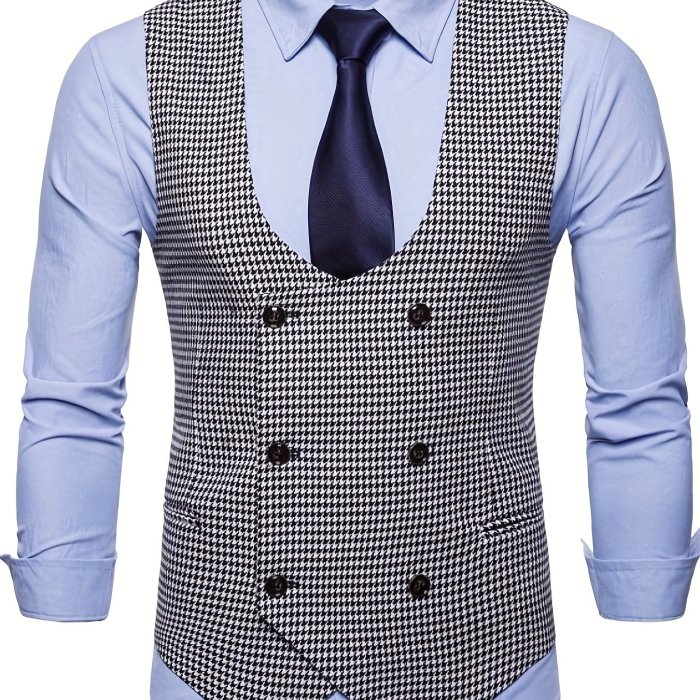 Elegant Houndstooth Pattern Dress Waistcoat, Men's Retro V Neck  Double Breasted Smart Suit Vest For Dinner Wedding Banquet