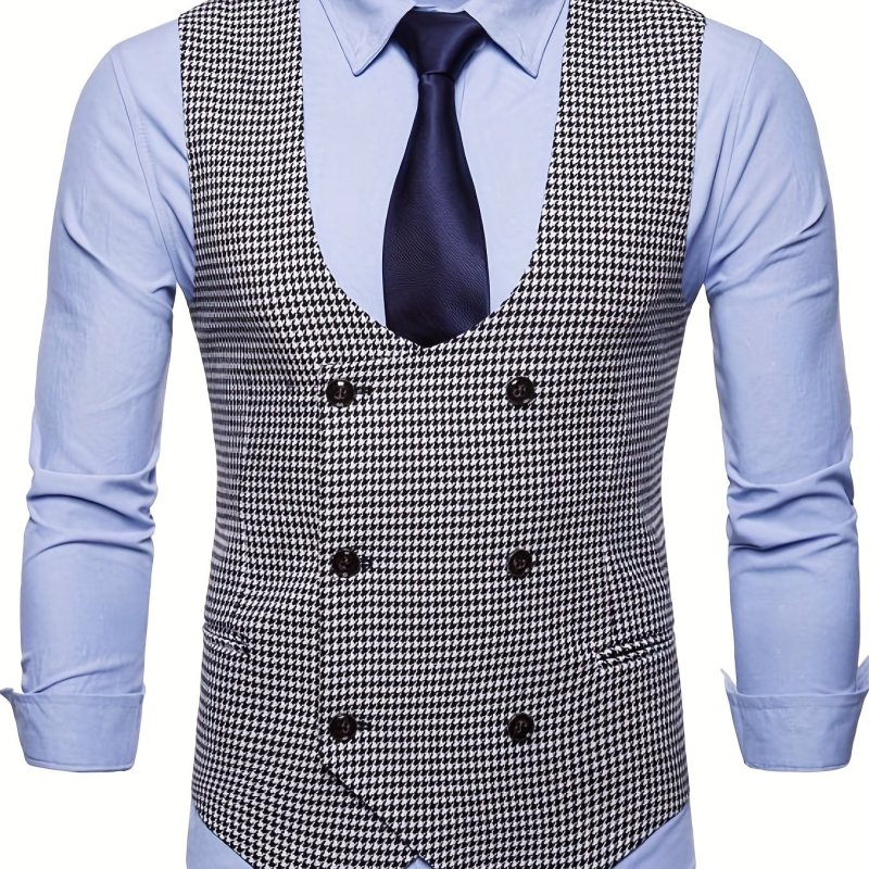 Elegant Houndstooth Pattern Dress Waistcoat, Men's Retro V Neck  Double Breasted Smart Suit Vest For Dinner Wedding Banquet