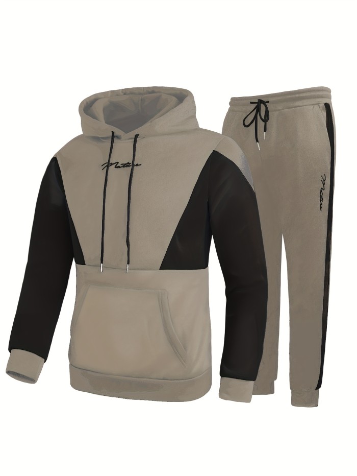 Men's Color Block Pullover Hooded Sweatshirt Casual Outfit Set, 2 Pieces Long Sleeve Hoodies And Drawstring Sweatpants