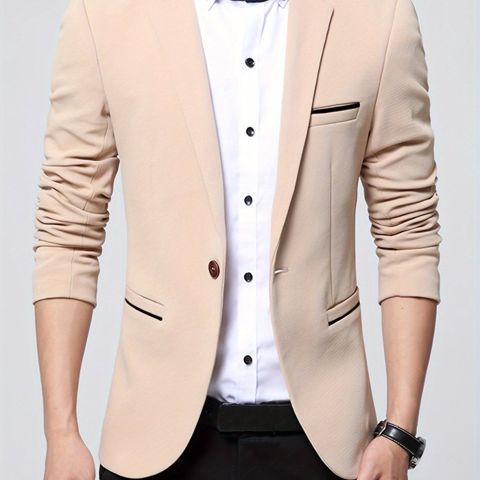 One Button Blazer, Men's Casual Solid Color Lapel Sports Coat For Spring Fall Business Wedding