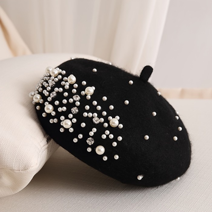 Faux Pearl Rhinestone Beret Winter Thermal Beret Outdoor Fashion Casual Style Hat For Women Girls Chinese New Year Presents Valentine's Gifts