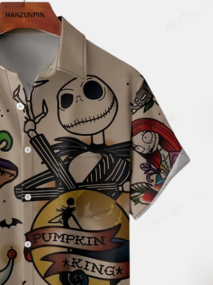 Halloween Elements Cartoon Pattern Men's Summer Short Sleeve Lapel Shirt, Special Gift