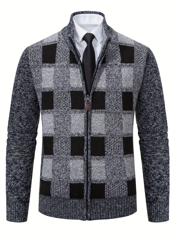 Men's Retro Plaid Knitted Cardigan Sweater Jacket, Casual Stand Collar Jacket For Fall Winter