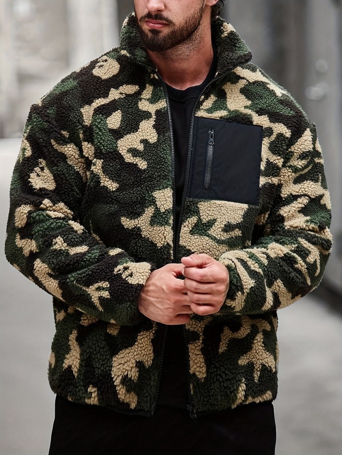 Camouflage Pattern Polar Fleece Jacket, Men's Casual Lapel Coat For Fall Winter