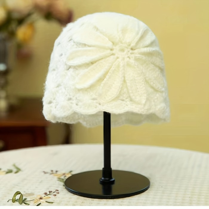 Elegant Flower Crochet Beanie Classic Solid Color Knit Hats Hollow Out Lightweight Skull Cap Warm Beanies For Women