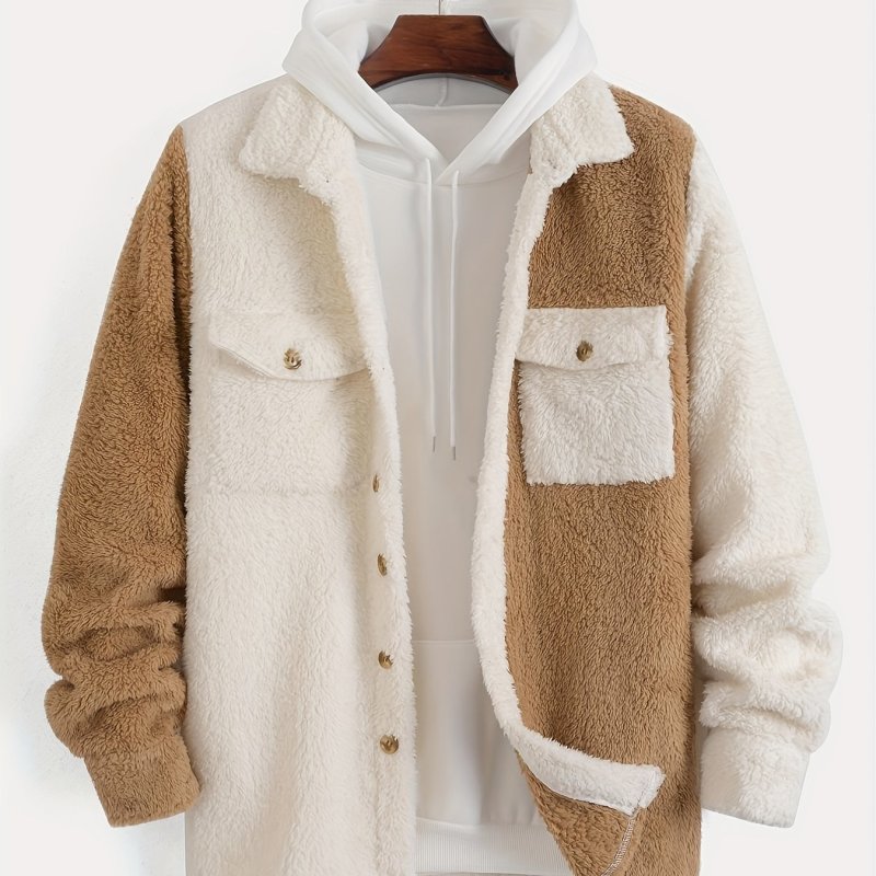 Fashionable Men's Contrast Color Reversible Fleece Double Patch Pocket Casual Jacket .Suitable For Autumn And Winter