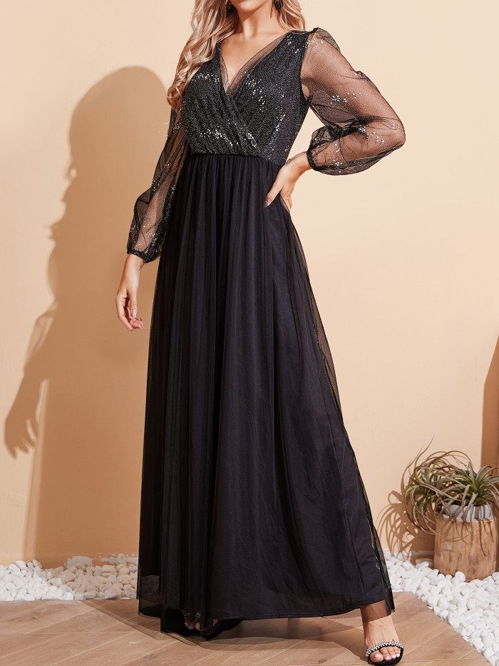 Contrast Mesh Solid Maxi Dress, Elegant V Neck Long Sleeve Dress, Women's Clothing