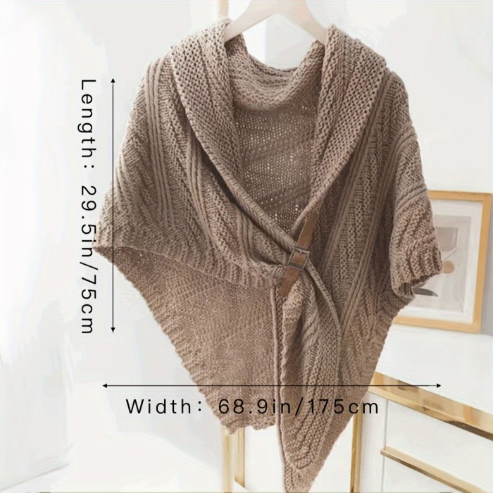 Solid Color Knit Triangle Shawl Elegant Faux Leather Buckle Cross Shawl Women's Casual Outdoor Windproof Warm Cape