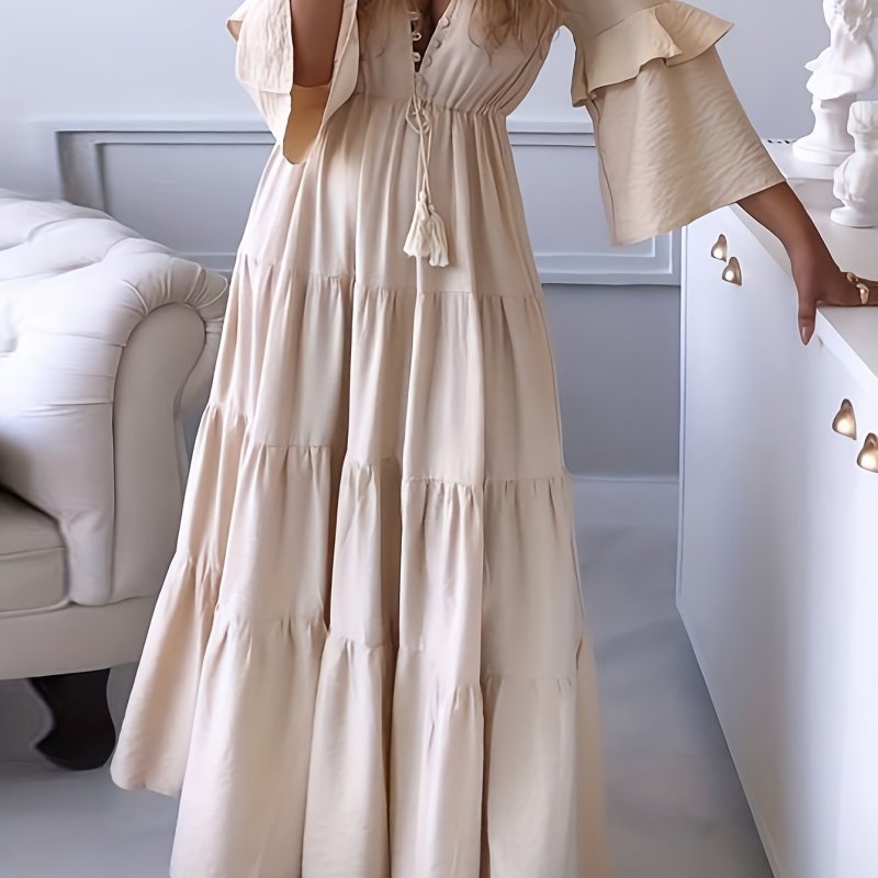 Plus Size Elegant Wedding Dress, Women's Plus Solid Layered Bell Sleeve Drawstring Tassel Decor Button Maxi Smock Bridesmaid Dress