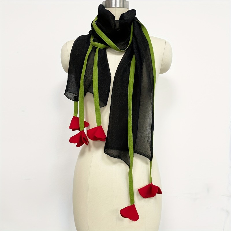 Black Yarn Simulated Rose Scarf Elegant Vintage Thin Breathable Shawl Spring Autumn Casual Sunscreen Bandana