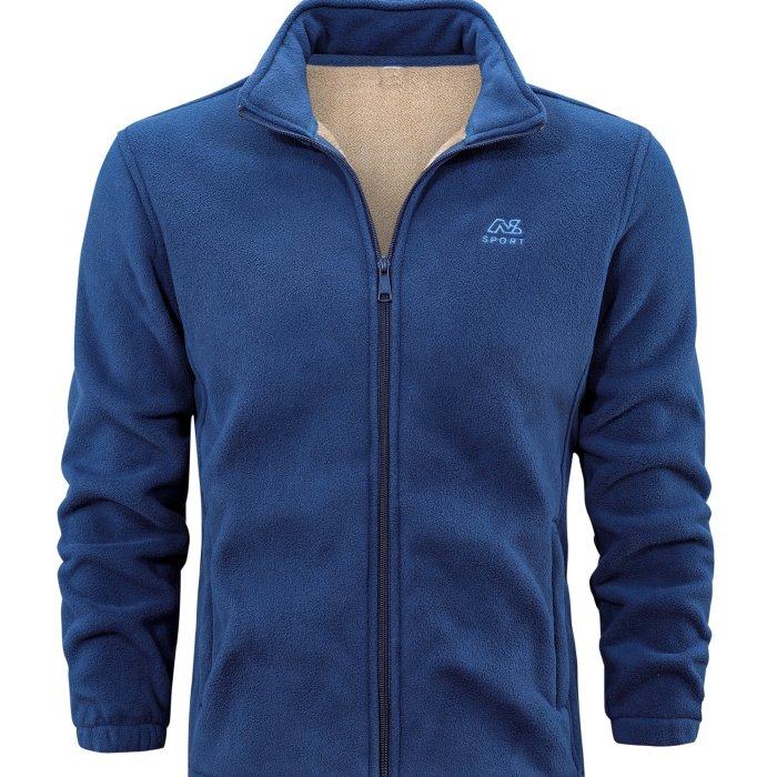 Warm Stand Collar Fleece Jacket, Men's Casual Comfortable Solid Color Zip Up Jacket Coat For Fall Winter