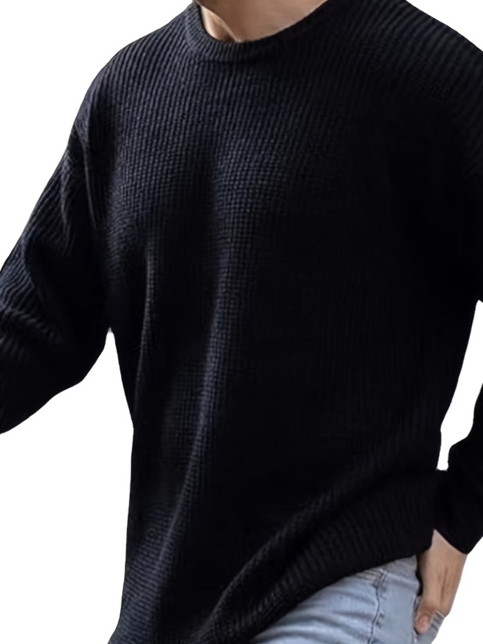 All Match Knitted Sweater, Men's Casual Warm Mid Stretch Round Neck Pullover Sweater For Fall Winter