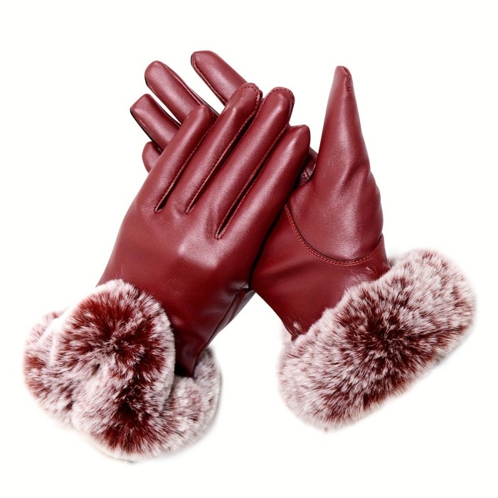 Plush Cuff PU Leather Gloves Stylish Monochrome Warm Gloves Autumn Winter Coldproof Waterproof Windproof Female Gloves