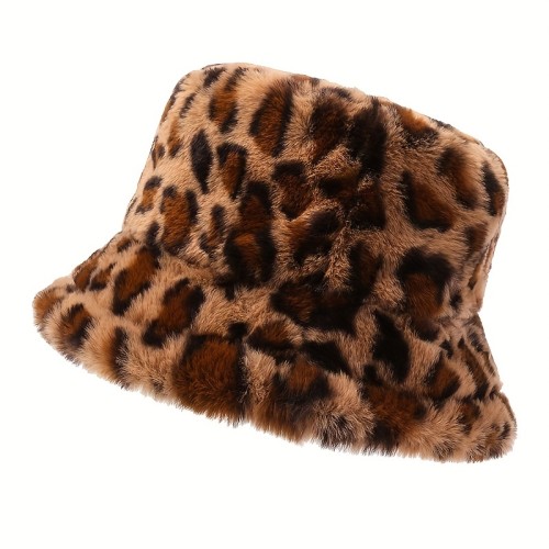 Leopard Print Winter Fuzzy Bucket Hat, Women's Casual Fisherman Hat, Windproof Plush Thermal Fashionable Fisherman Hat