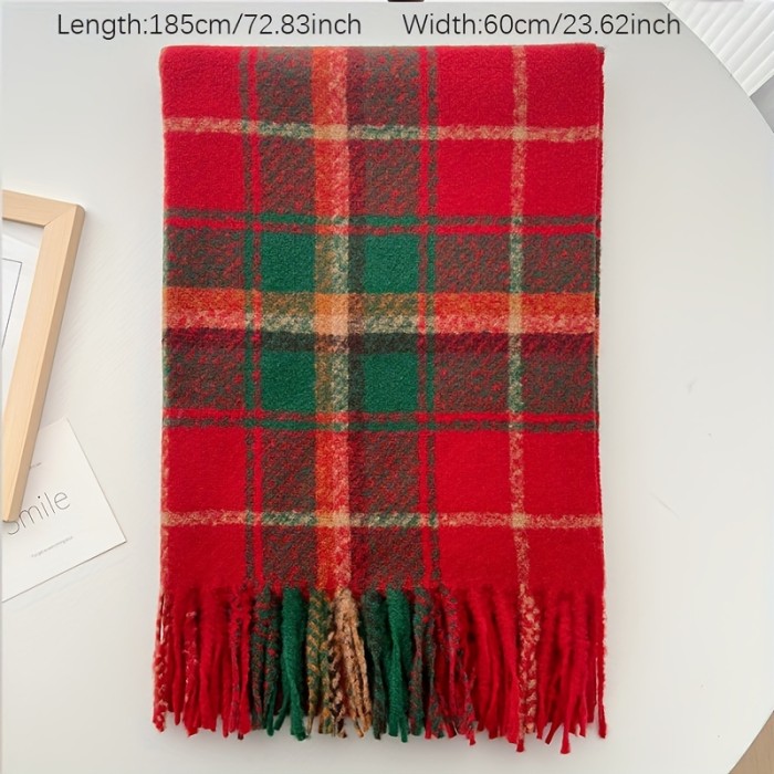 Christmas Red Plaid Large Scarf Imitation Cashmere Soft Cozy Tassel Shawl Women's Stylish Autumn Winter Coldproof Warm Neck Protective Scarf