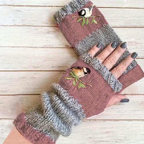 Color Block Half Finger Gloves Bird Embroidery Warmer Knit Gloves Vintage Thick Stretchy Fingerless Gloves