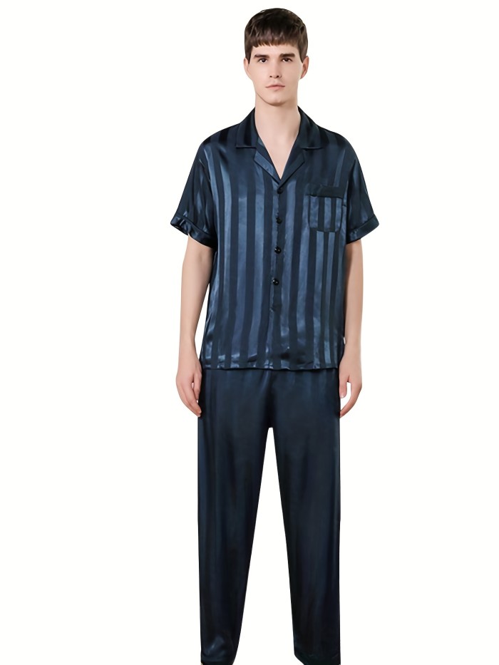 Men's Cool Short-sleeved Pajamas Set For Summer, Button Down Pocket Shirt Top & Long Pants, Thin Simple Casual Stripes Loungewear Set For Summer, Home Wear Men's Two-piece Outfits