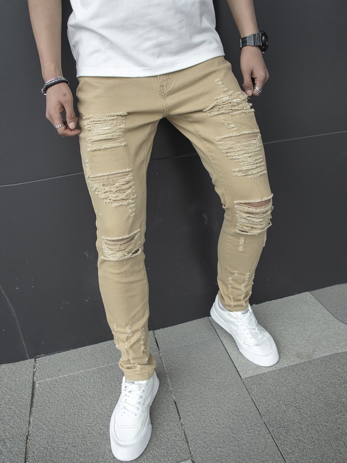 Chic Slim Fit Ripped Jeans, Men's Casual Street Style Distressed Mid Stretch Denim Pants For Spring Summer