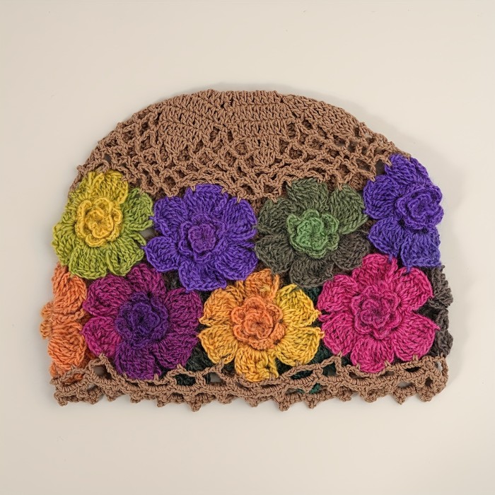 Flower Crochet Vintage Beanie Hollow Breathable Knitted Skull Hat Lightweight Beanies Elastic Knit Hats For Women (Flower Color Random)