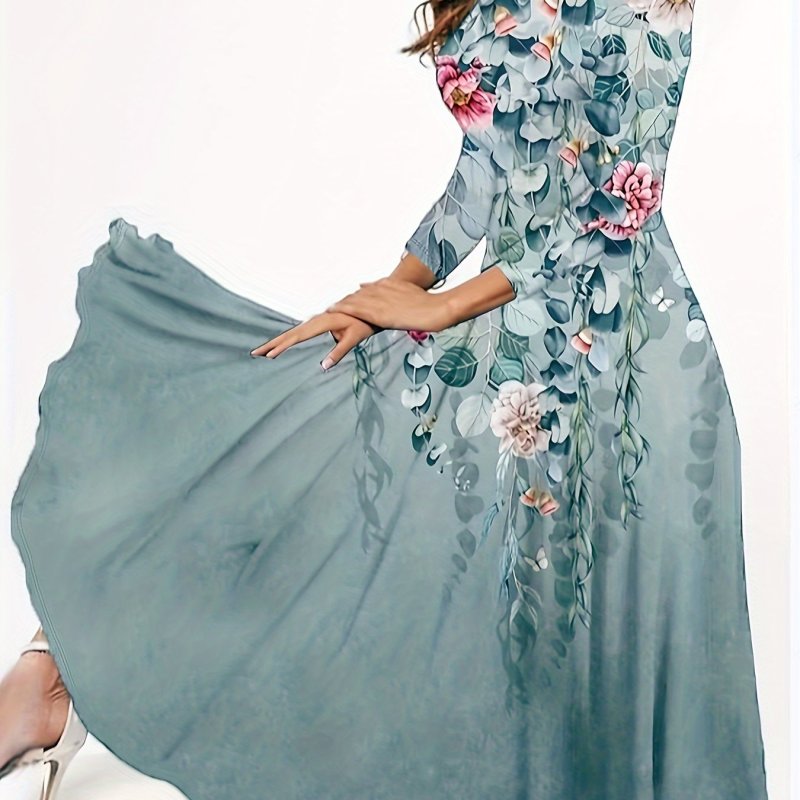 Vintage Floral Print Dress, Elegant Crew Neck Long Sleeve Dress, Women's Clothing