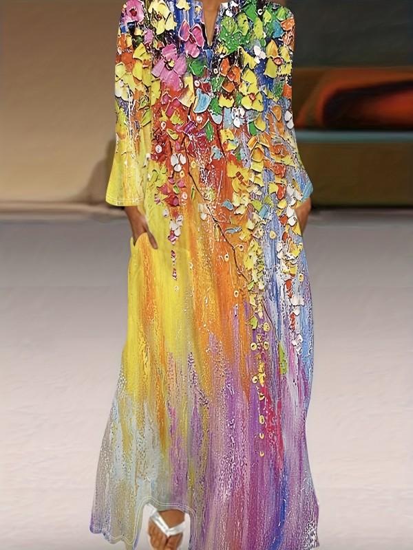 Plus Size Elegant Dress, Women's Plus Oil Painting Print Long Sleeve Round Neck Maxi Dress With Pockets