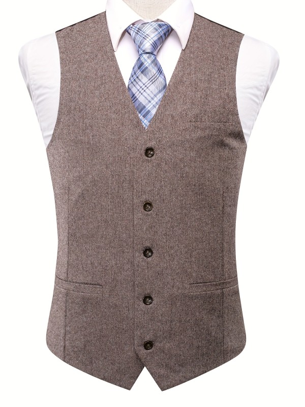 V Neck Herringbone Smart Suit Vest, Men's Casual Retro Style Solid Color Single Breasted Waistcoat For Spring Fall Dinner Suit Match