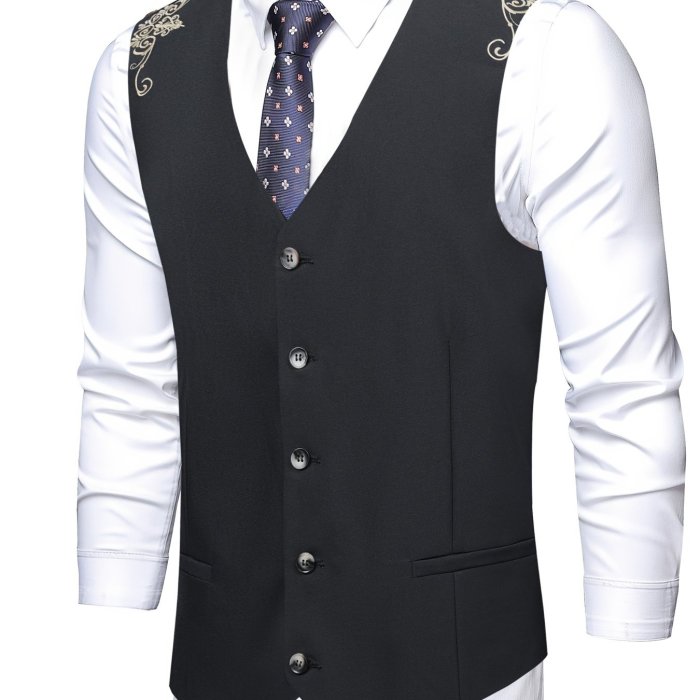Elegant Embroidery Smart Suit Vest, Men's Casual Retro Style Single Breasted Waistcoat For Business Dinner Suit Match