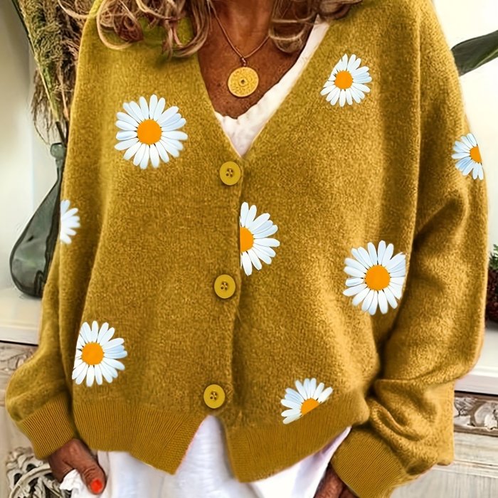 Daisy Pattern Embroidered Knitted Cardigan, Button Front Elegant Long Sleeve Sweater For Spring & Fall, Women's Clothing