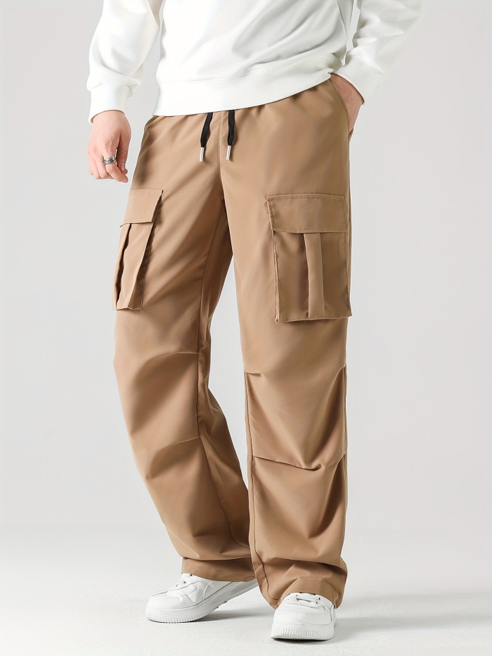 Men's Stylish Solid Color Multiple Pockets Cargo Pants, Casual Drawstring Oversized Loose Pants For Spring Fall Plus Size