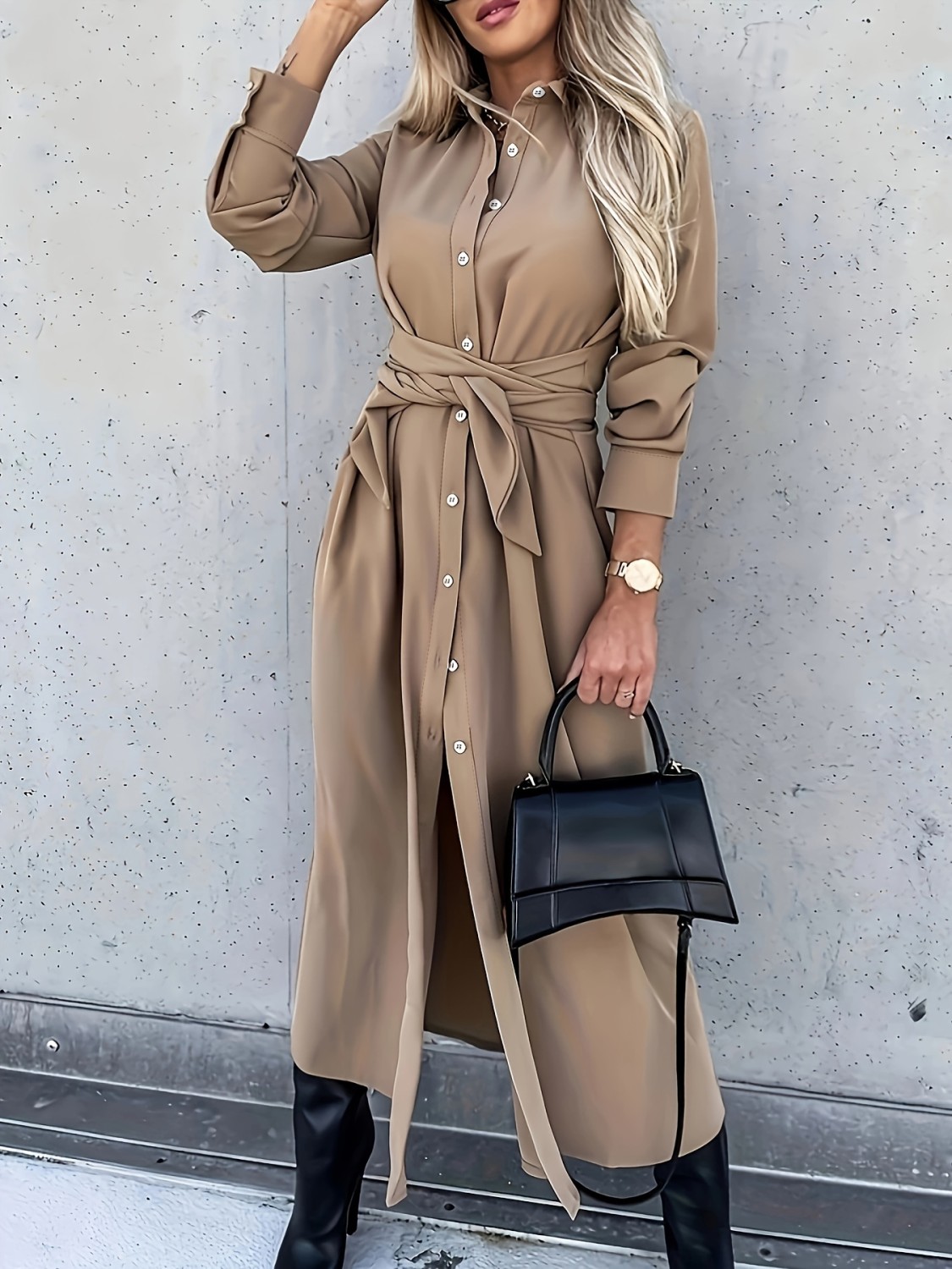 Button Front Belt Long Sleeve Corduroy Dress