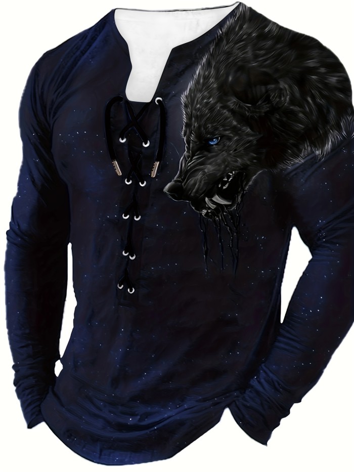 Black Wolf 3D Print Men's Vintage Long Sleeve Henley Tee With Drawstring, Spring Fall, Gift For Men