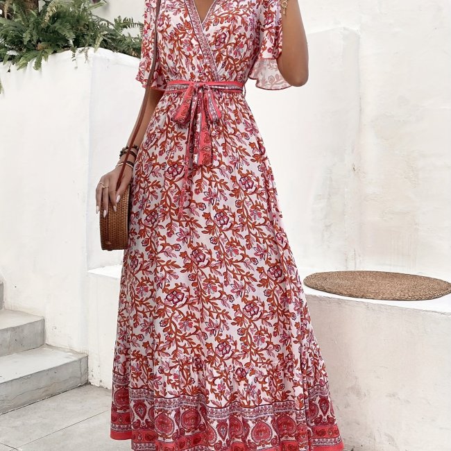 Tie Waist Flutter Sleeve Surplice Dress
