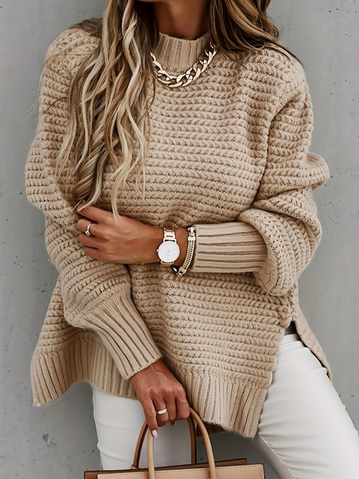 Solid Mock Neck Chunky Knit Sweater, Casual Long Sleeve Split Pullover Sweater For Fall & Winter, Women's Clothing