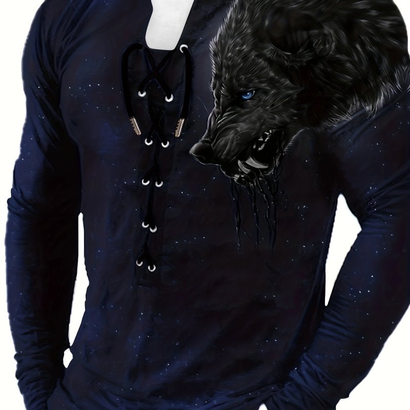 Black Wolf 3D Print Men's Vintage Long Sleeve Henley Tee With Drawstring, Spring Fall, Gift For Men