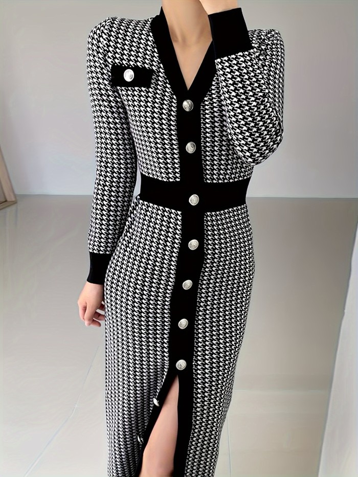 Houndstooth Pattern Button Front Dress, Elegant V Neck Long Sleeve Dress, Women's Clothing