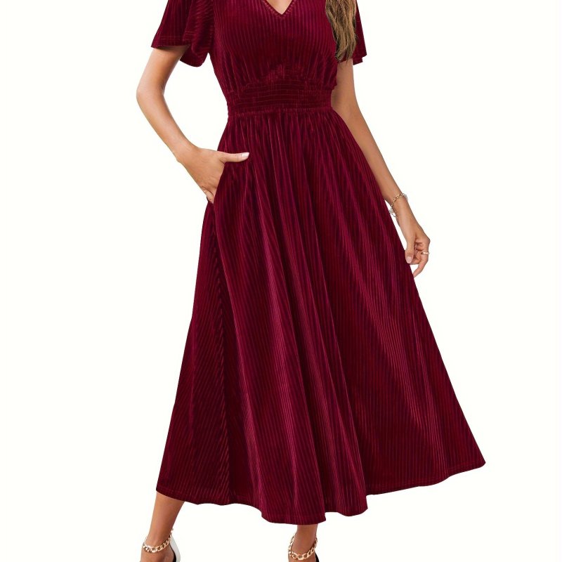 Solid V-neck Cinched Waist Dress, Elegant Flutter Sleeve Ruffle Hem Dress For Party & Banquet, Women's Clothing