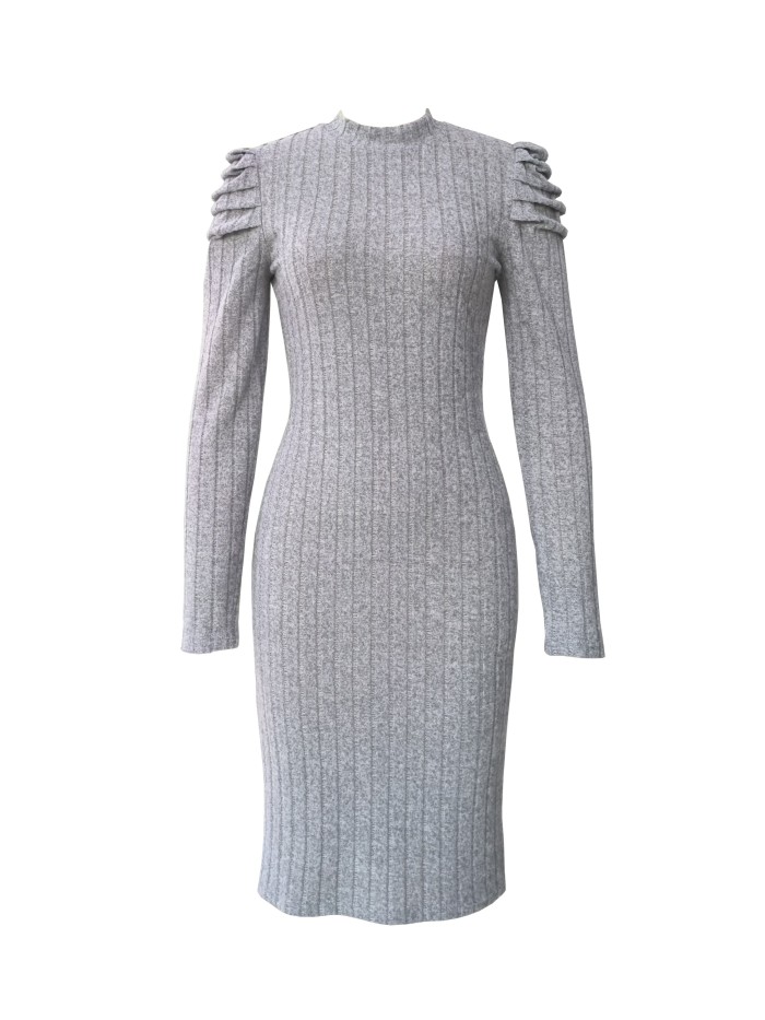 Ribbed Crew Neck Dress, Casual Ruched Long Sleeve Slim Dress, Women's Clothing