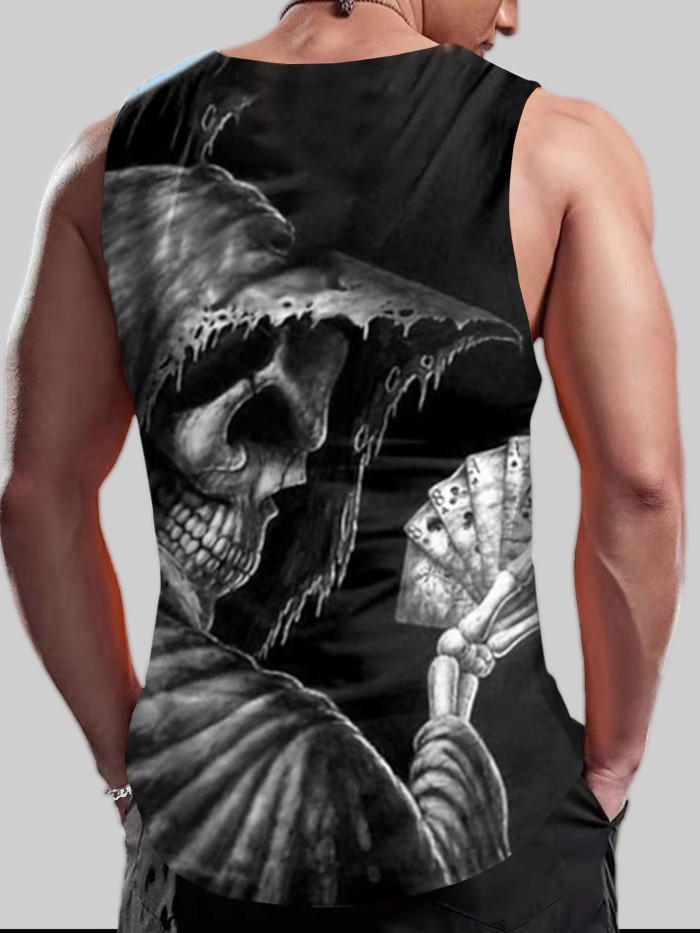 Skeleton Poker 3d Print, Men's V Neck Skinny Fit Tanktop For Gym Training, Mens Clothing