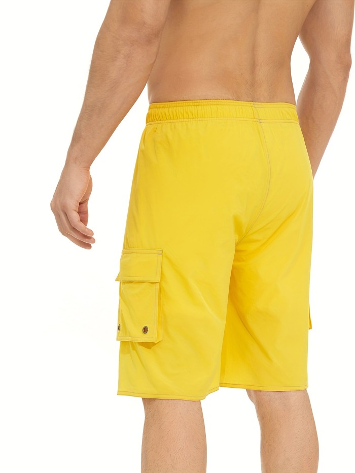 Plus Size Men's Quick Dry Beach Shorts, Casual Swimwear With Flap Pockets For Summer