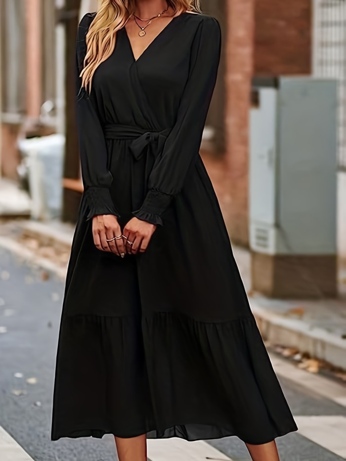 Solid V Neck Dress, Casual Long Sleeve Belted Dress, Women's Clothing