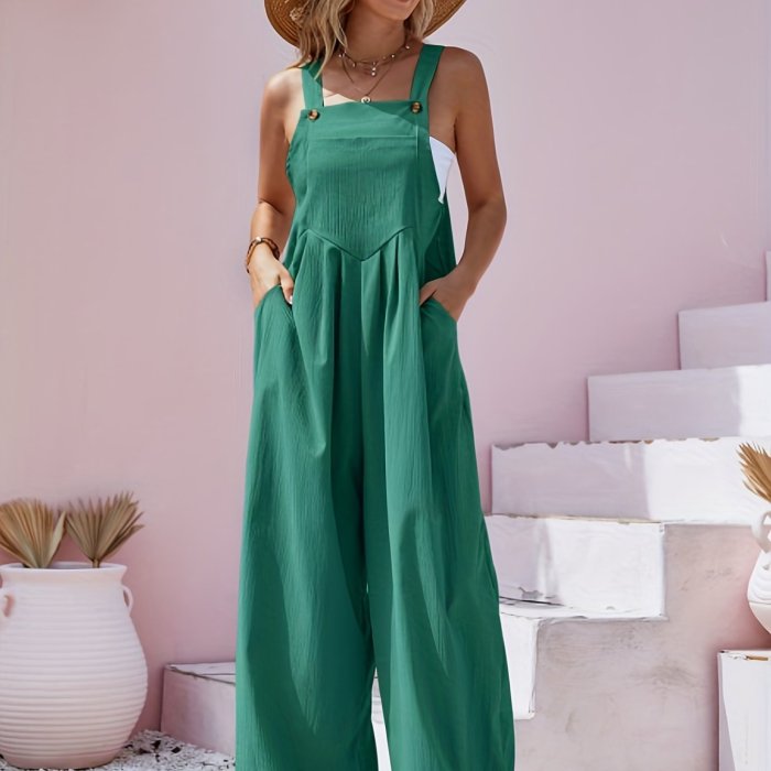 Wide Leg Overall Jumpsuit, Casual Button Front Suspender Jumpsuit, Women's Clothing