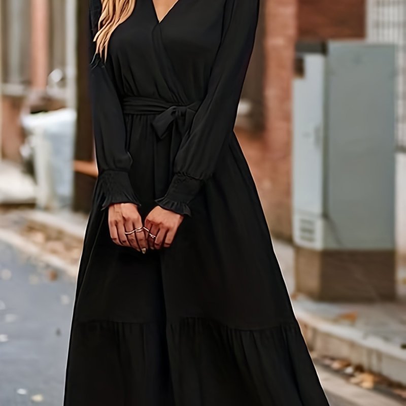 Solid V Neck Dress, Casual Long Sleeve Belted Dress, Women's Clothing