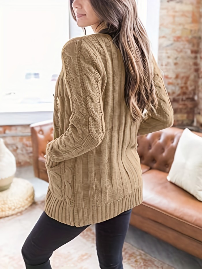 Cable Knit Button Front Cardigan, Casual Long Sleeve Cardigan For Fall & Winter, Women's Clothing