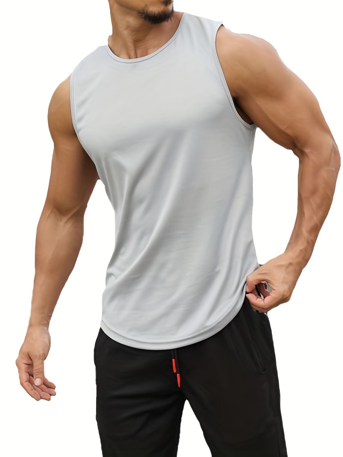 Classic Design Casual Medium Stretch Round Neck Tank Top, Men's Tank Top For Summer Outdoor Gym Workout